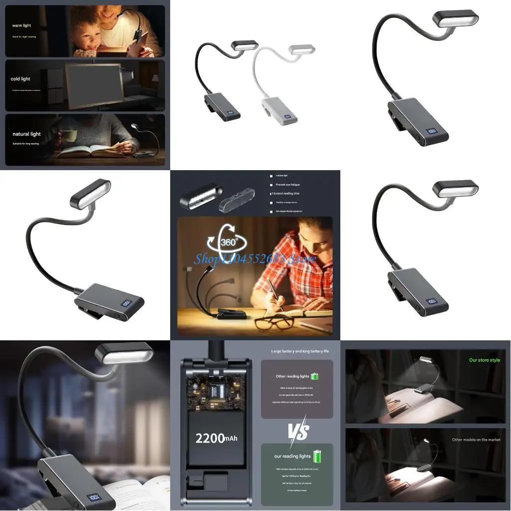 

Y6GD Portable Book Light 3 Brightness Level 2200mAh Battery Clip on Lamp for Reading