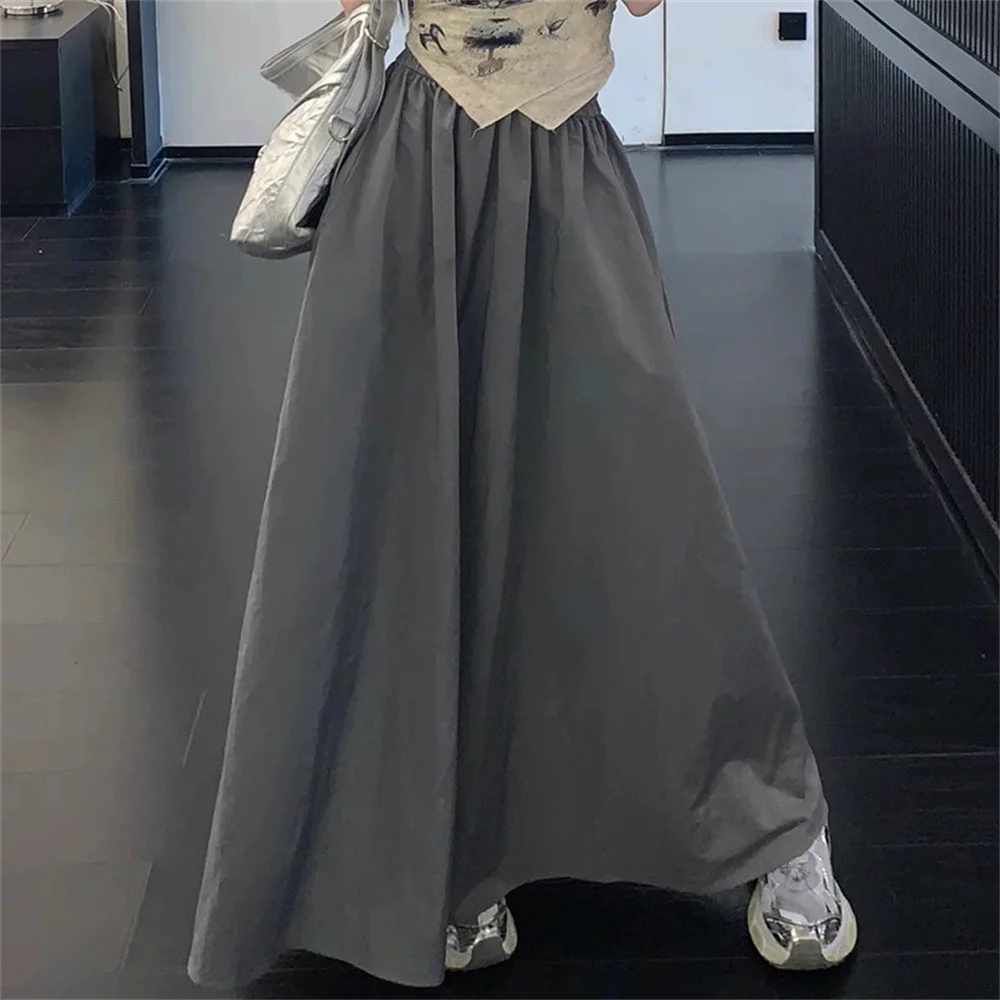 Spring Summer Female Umbrella Skirt 2026 Women Retro Pockets A-Line Long Skirt Ladies Casual Loose Elastic High Waist Midi Skirt