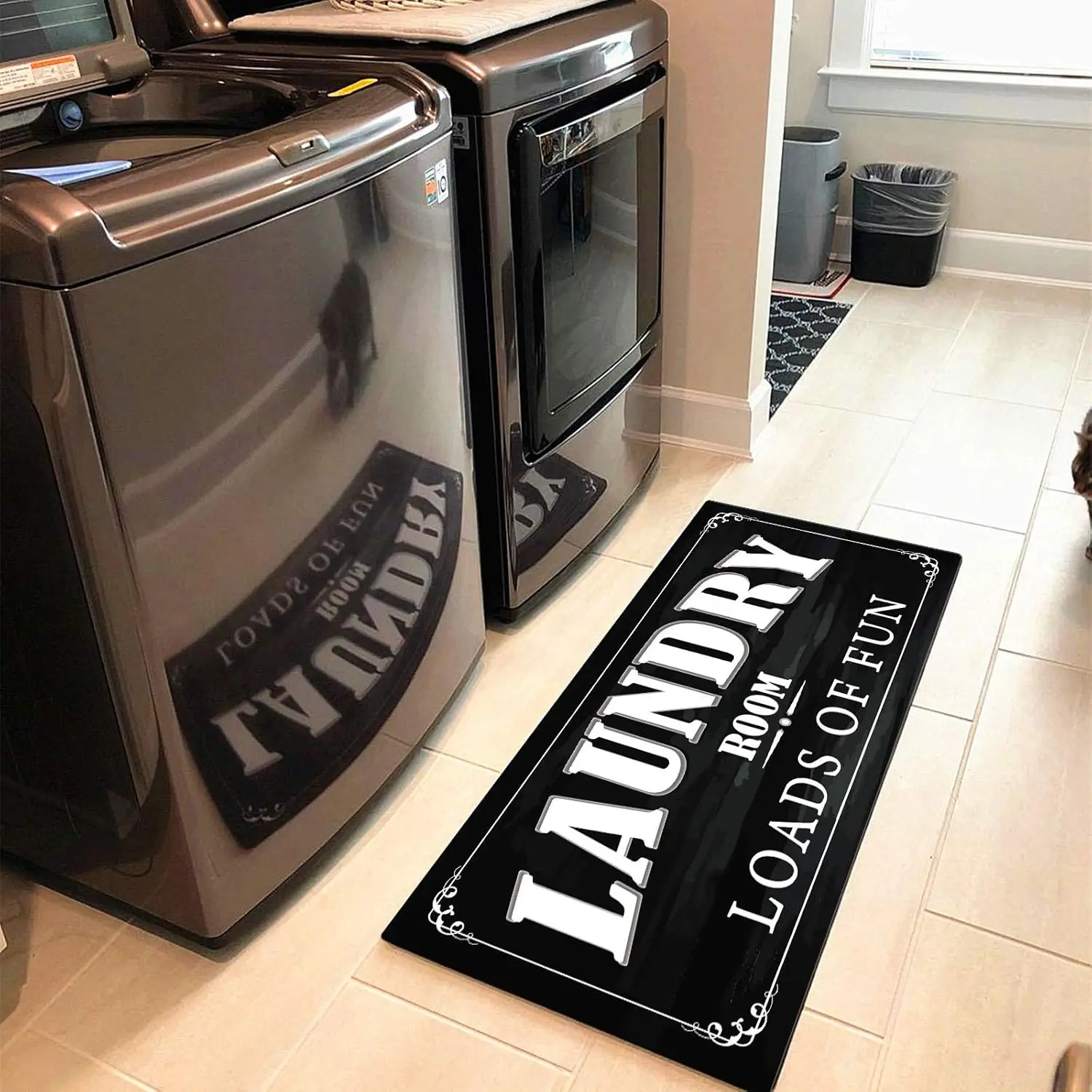 Laundry Room Mat Black Background Bold White Text Loads of Fun for Utility Space