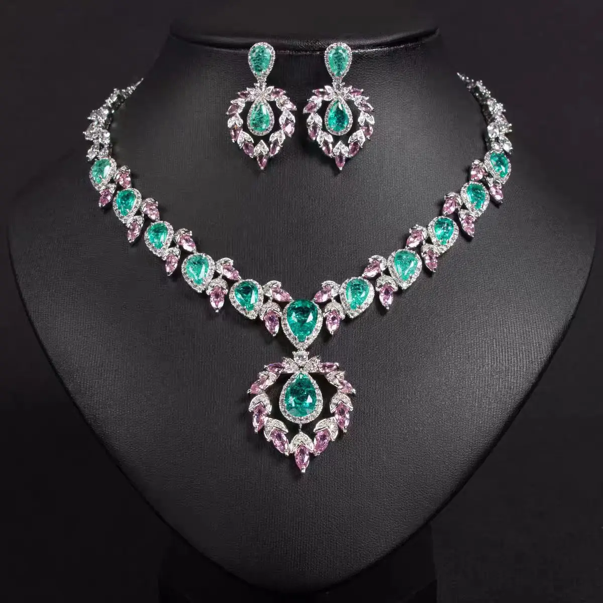 

Light Luxury Pink & Green Jewelry Set Elegant Necklace Earrings Bridal Wedding Evening Gown Women Party Gift