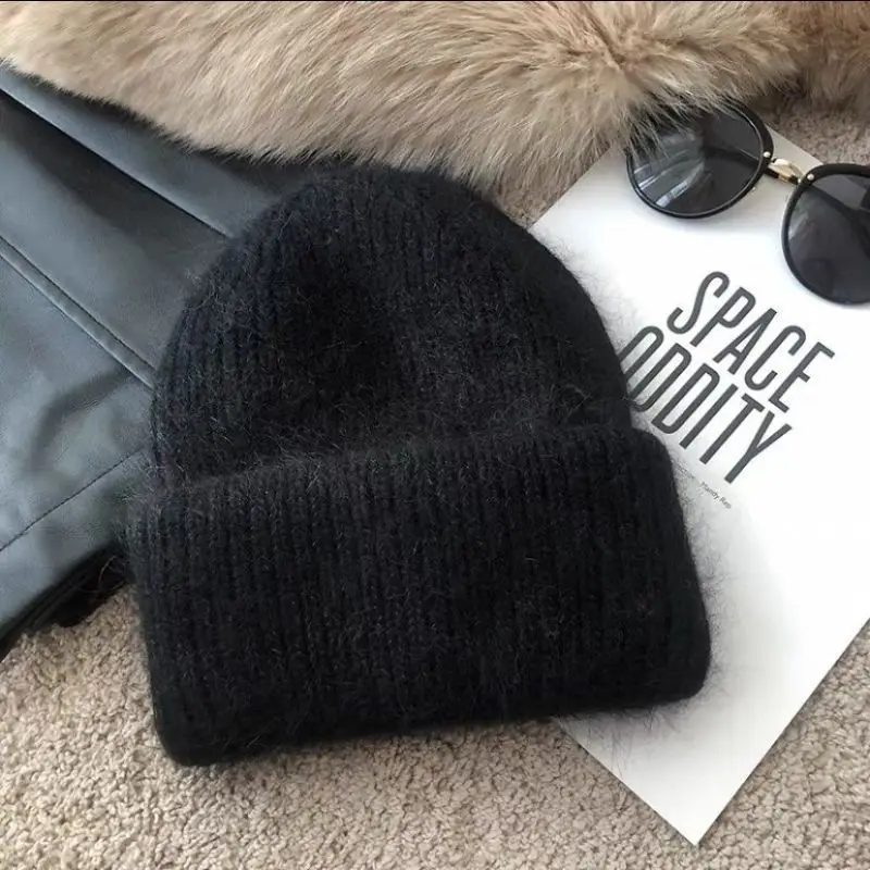 Neutral Solid Color Rabbit Fur Knitted Hat Solid Color Foldable Pullover Cap Vertical Striped Winter Anti Cold Urine Beanie