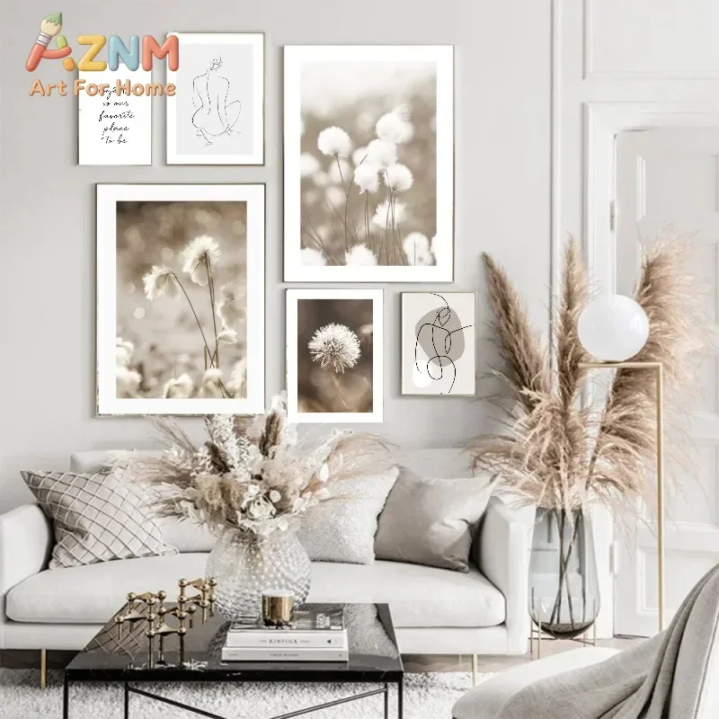 AZNM Neutral Beige Boho Canvas Wall Art Abstract Figure Line Drawing Dandelion Nature Landscape Inspirational Text Quote Print f