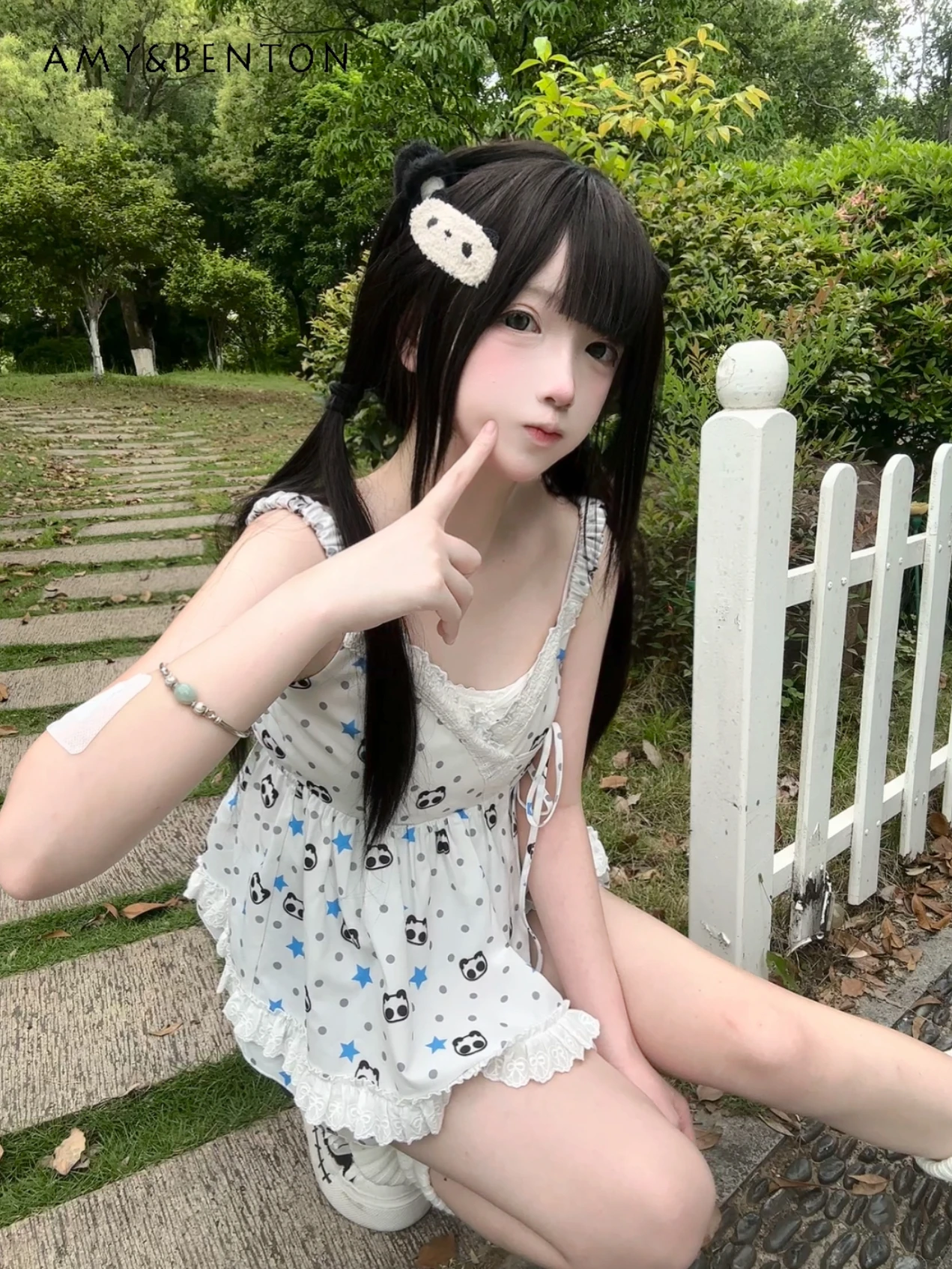 Été Original mignon dessin animé imprimé dentelle Patchwork sangle cravate gilet dentelle taille élastique Shorts japonais chérie fille chaude ensembles