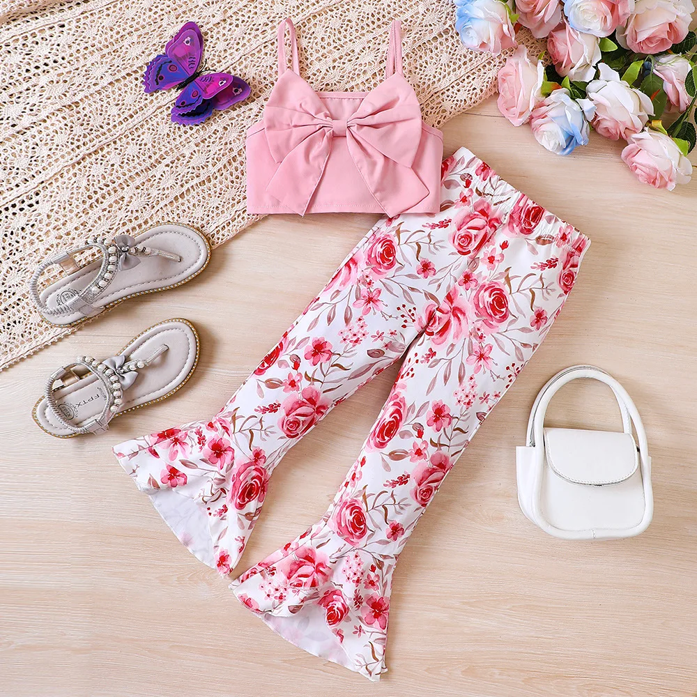 

2024 Summer Child Clothes Sets Sleeveless Bow Tops Print Floral Pink Pants 2 Piece Sets Designer Girls Clothes Sets 18M-6T