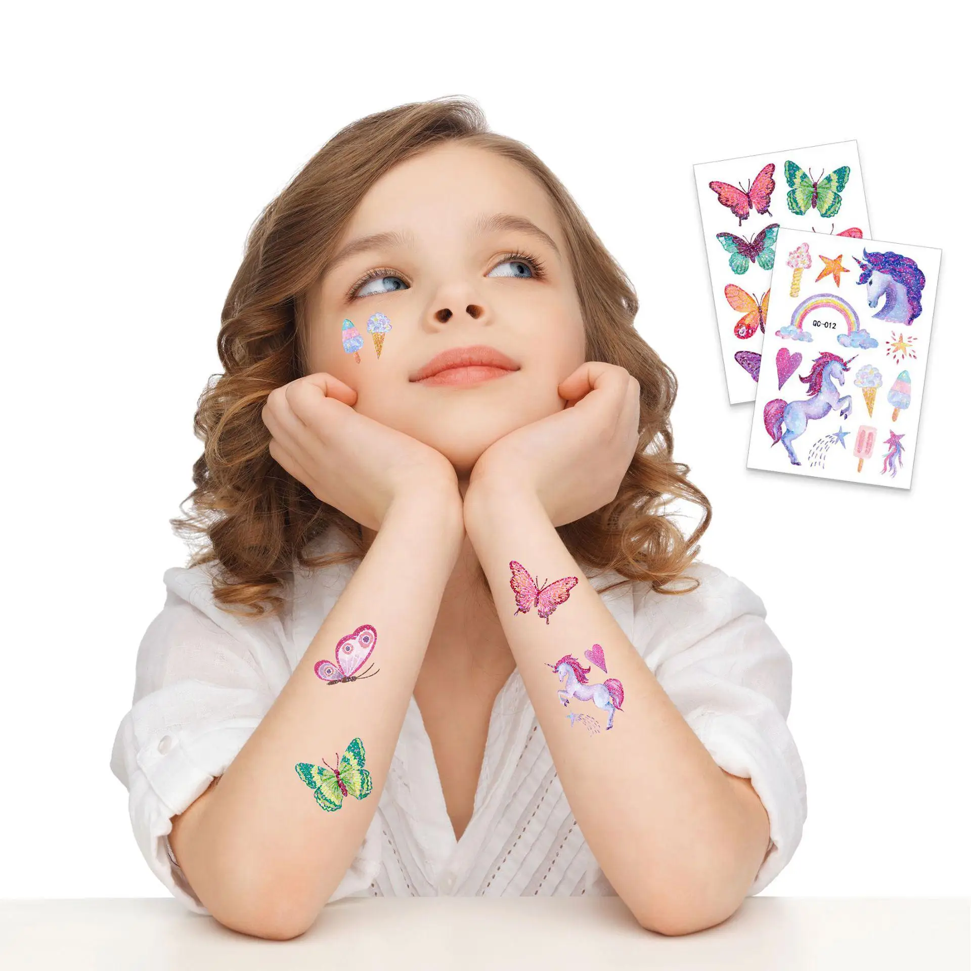 2/16pcs  Flash Powder Cartoon Tattoo Sticker Arm Leg Temporary Girl Princess Kids Toys Mermaid Unicorn Waterproof Tattoo Sticker