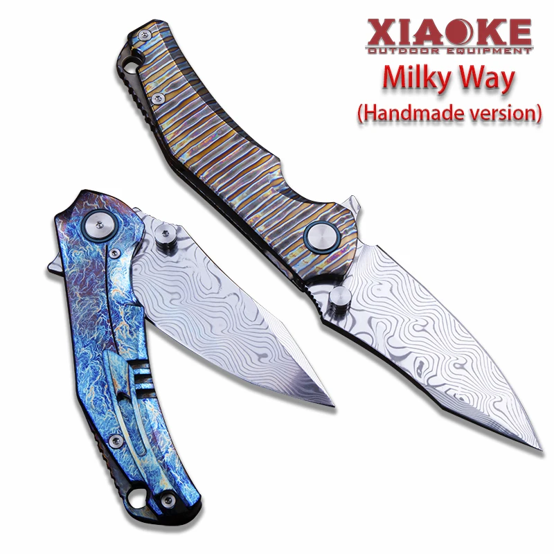 RWL34 Damascus Steel Folding Knife with TC4 Titanium Alloy Handle Anodised Finish Outdoor Camping Survival EDC Pocket Knife
