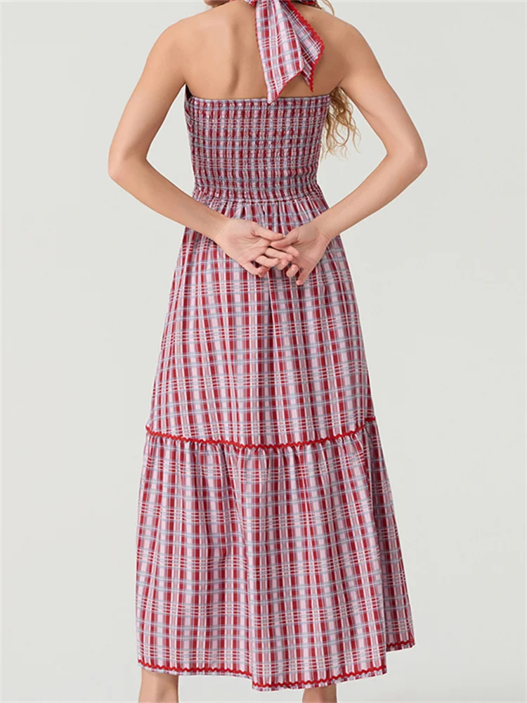 Chronstyle Frauen Halfter von der Schulter langes Kleid ärmellose rücken freie Plaid-Print hohe Taille lose lässige Strand kleid Vestido 2024