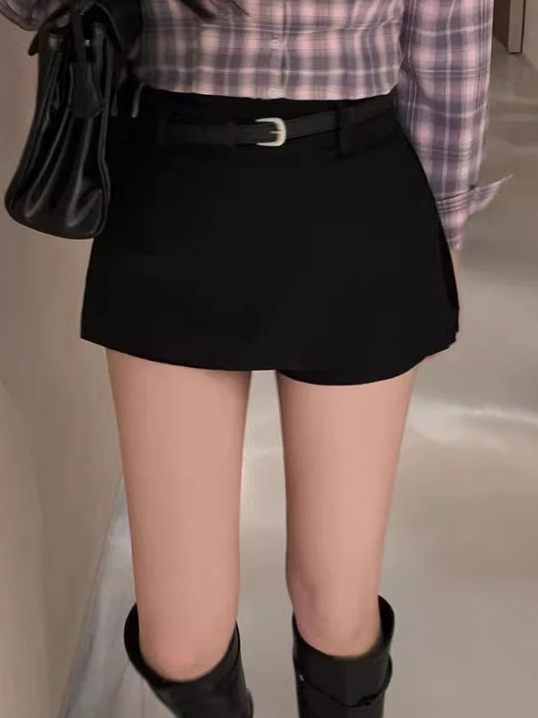 High Waist A-Line  Skirt Suit Black Women's Korean Style Belted Half-length Skirt Commute Standard Fit Summer Collection