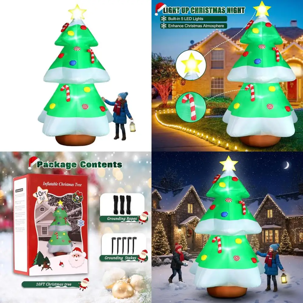 

Giant 10-Foot Inflatable Outdoor Christmas Tree with LED Lights and Candy Cane Decor for Holiday Yard Lawn