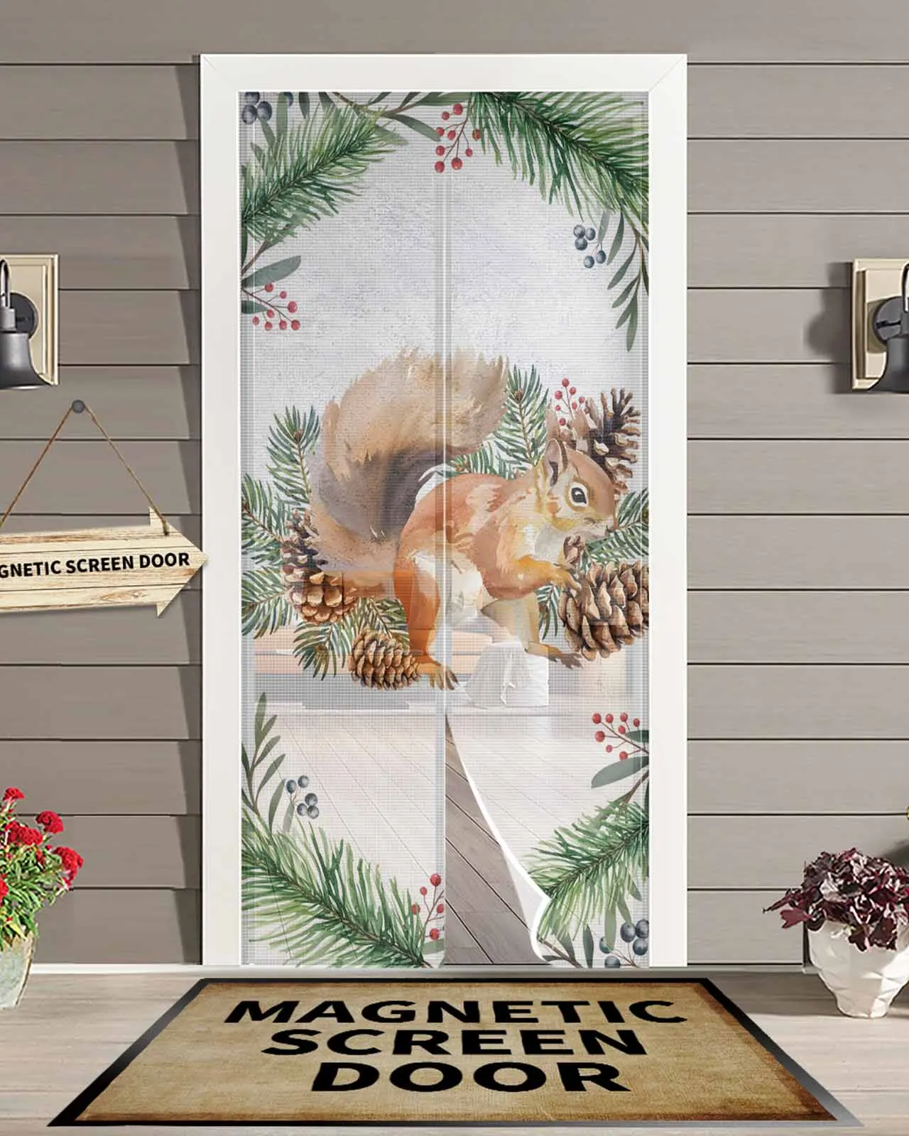 

Белка, сосновая шишка, круг, магнитная дверная занавеска для гостиной, спальни, дома, антимоскитная занавеска для двери