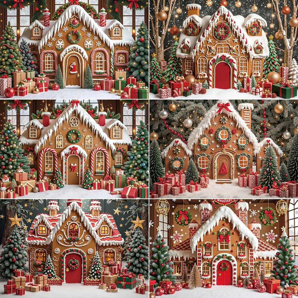 

MOON.QG Merry Christmas Background Photography Baubles Gingerbread House Xmas Trees Photocall Backdrop Baby Studio Accessories