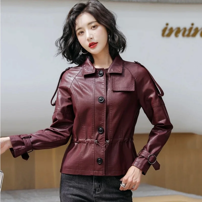 Leather New Women Sheep Jacket Spring Autumn 2023 Classic Turn Down Collar Chic Drawstring Slim Short Sheepskin Coat Streetwear