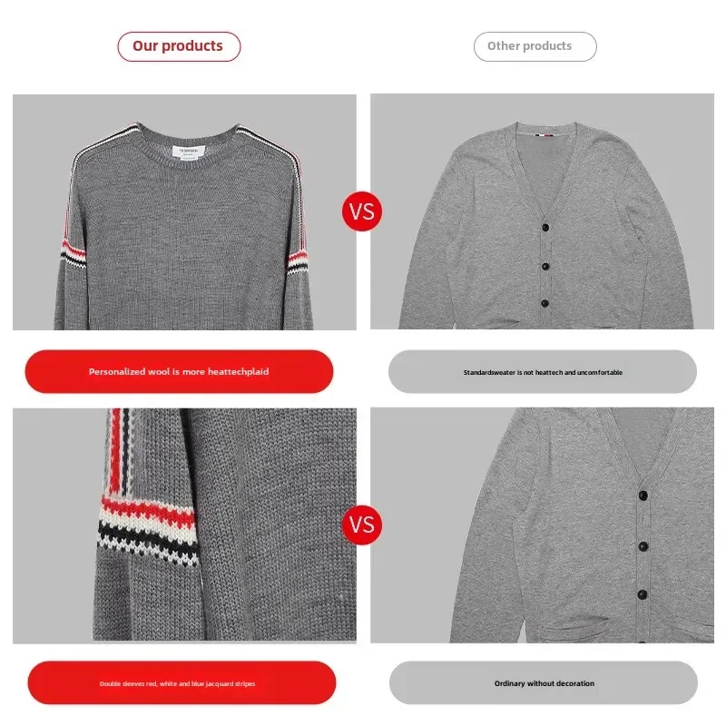 Tb Browin New Autumn/winter Knitted Sweater Red/white/blue Striped Base Layer Casual Style Crew Neck Pullover