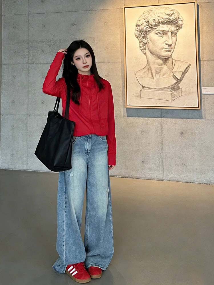 

Red Spor Women's Lightweight Loose Casual Sun Protection Jaet Breathable Windproof Zipper Closure Hooded Long Sve Coat