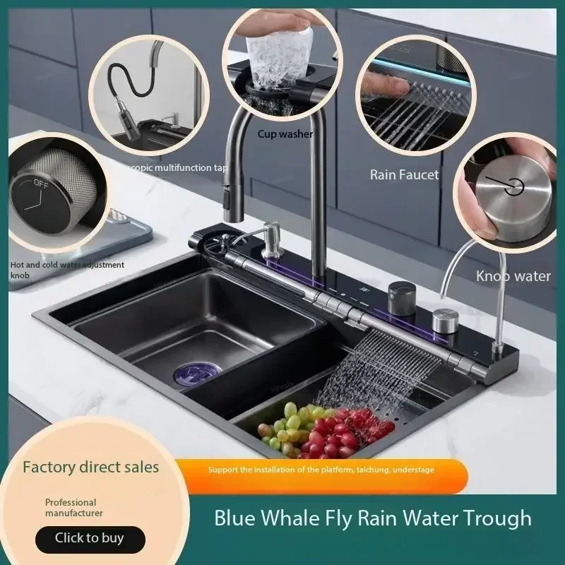 Dragon Honeycomb 304 Stainless Steel Kitchen Sink Big Size Embossed Knife Holder Piano Digital Display Waterfall Kitchen Sink