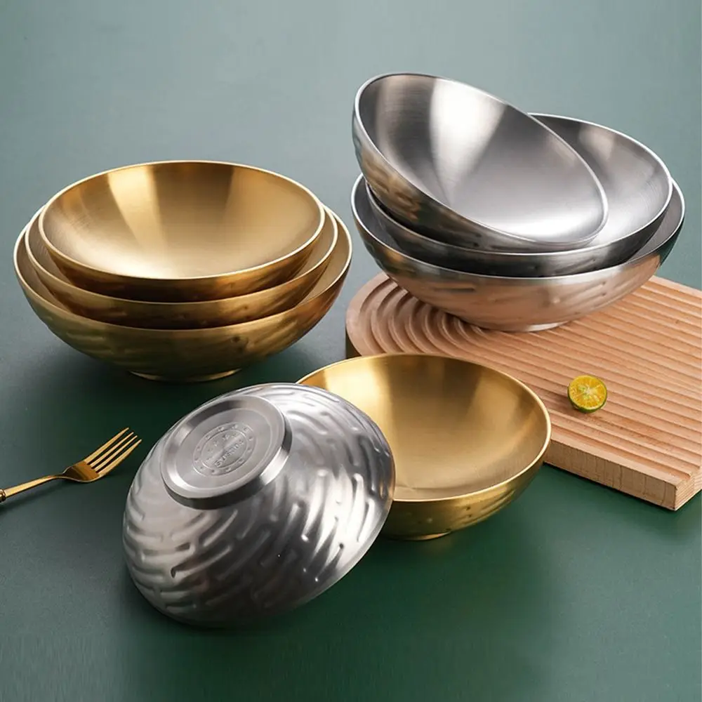 

Thickened Stainless Steel Bowl Double Layer High Footed Korean Ramen Bowl Heat-insulating Drop Resistant Salad Bowl Children Use