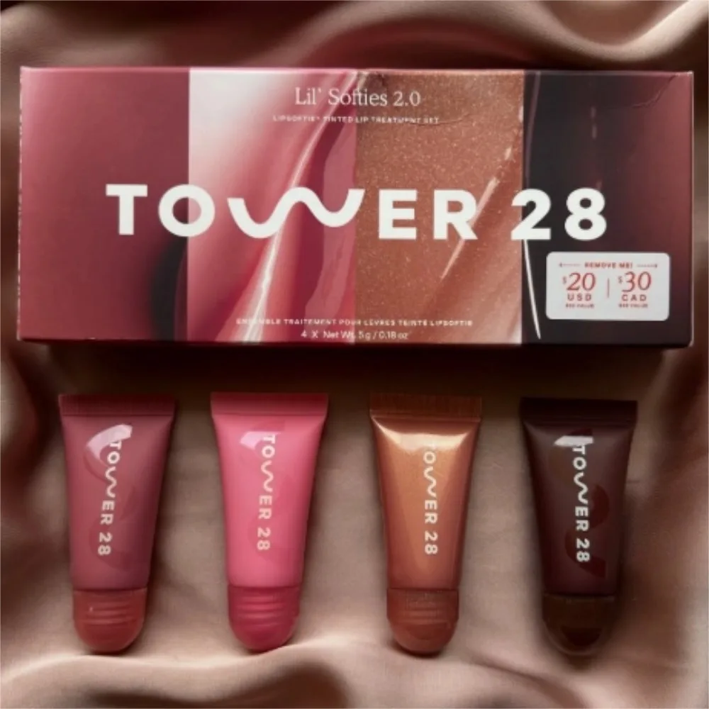 

Tower 28 Beauty Mini Lil' Softies Lip Treatment Set Watermelon Sugar Plum Vanilla Dulce de Leche Original Brand Colored Lip Blam