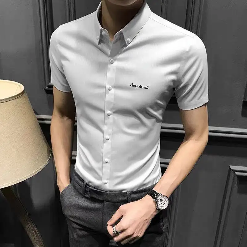 New Spring and Summer Men's Shirt   Short-sleeved Stretch Shirt High End Stripe Leisure Business Slim Fit Non-iron Top