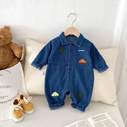 0-2 Year Newborn Boys Denim Bodysuit Spring Autumn Car Embroidery Turn Down Collar Baby Boys Romper Sticker Infant Boys Jumpsuit