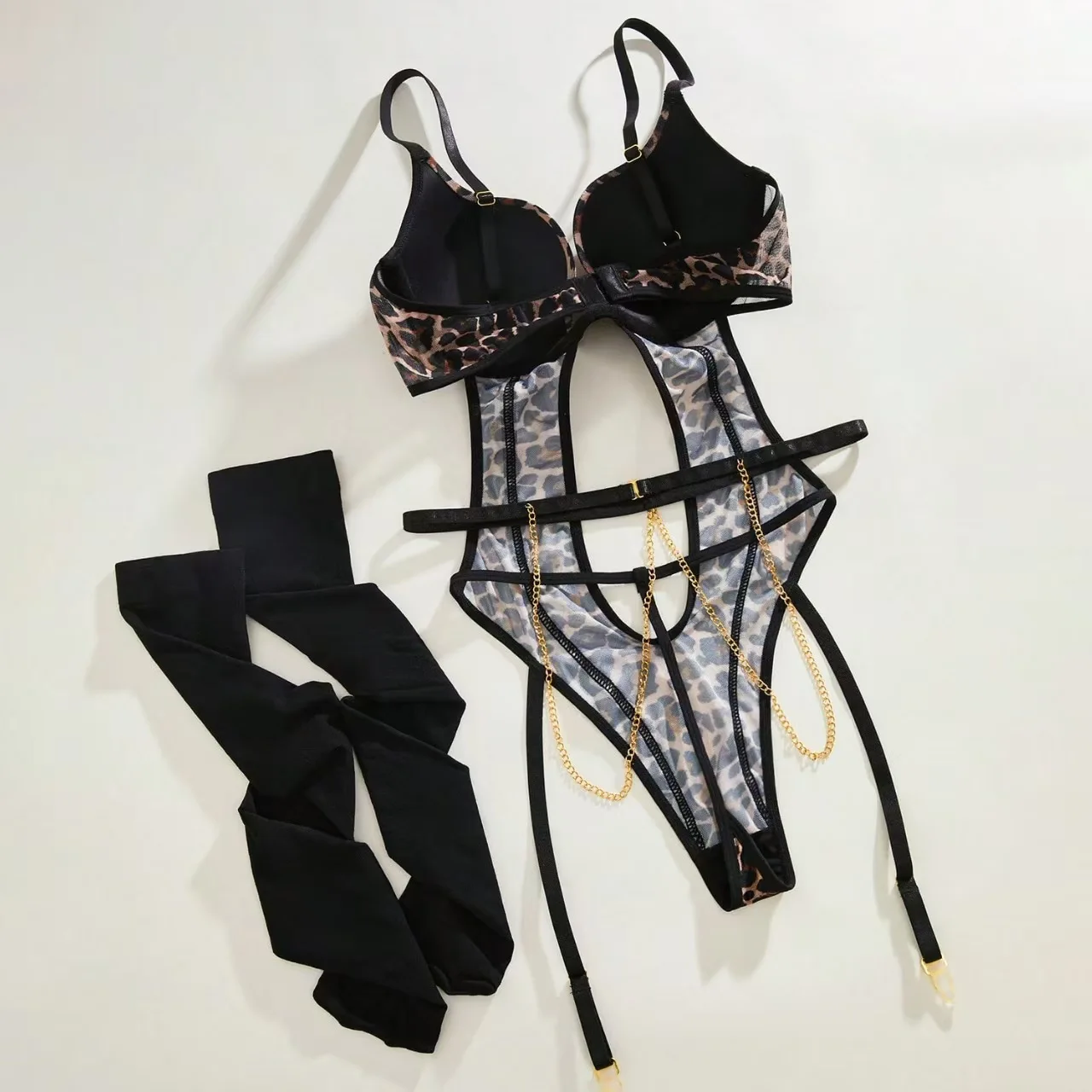 طقم ملابس داخلية تيدي بطبعة الفهد لعام 2025 مع ملابس داخلية بسلسلة معدنية وجوارب ملابس داخلية حمالة صدر مثيرة للنساء #2