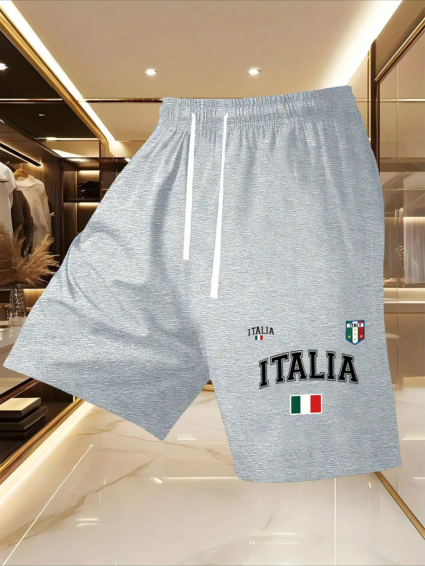 

College Style Italian Printed Men's Summer Fashionable Shorts, Drawstring Casual Summer Comfortable Sports Shorts