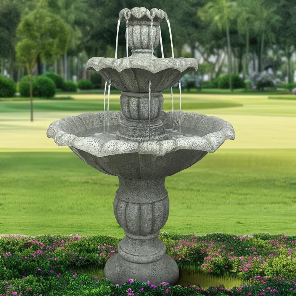 

39.3” H Outdoor Floor Water Fountain 3-Tiers Concrete Water Fountain with Submersible Electric Pump Garden Cascading Waterfall