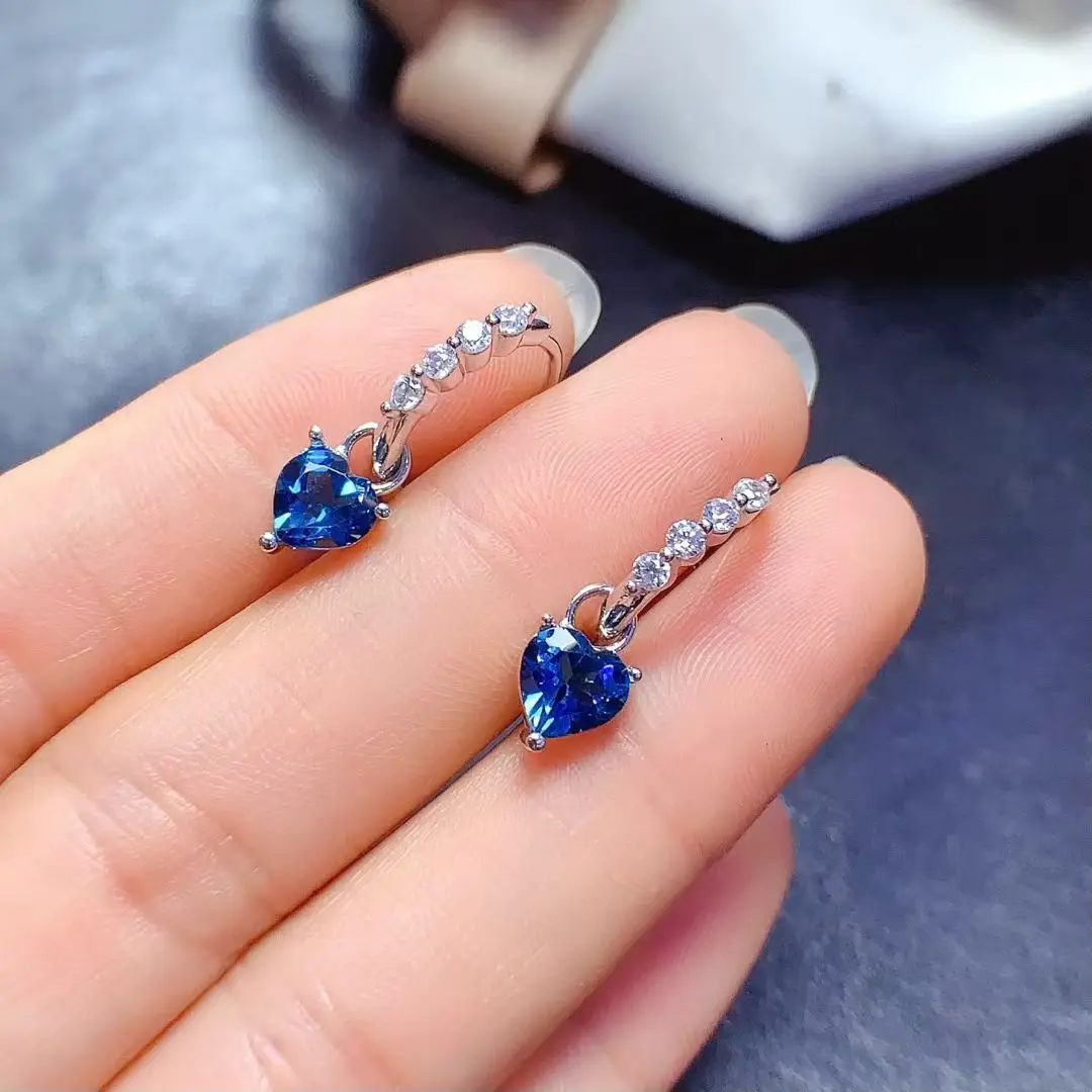 

925 silver hoop earrings natural topaz earrings 6mm heart shape London blue topaz jewelry with 18K gold plating