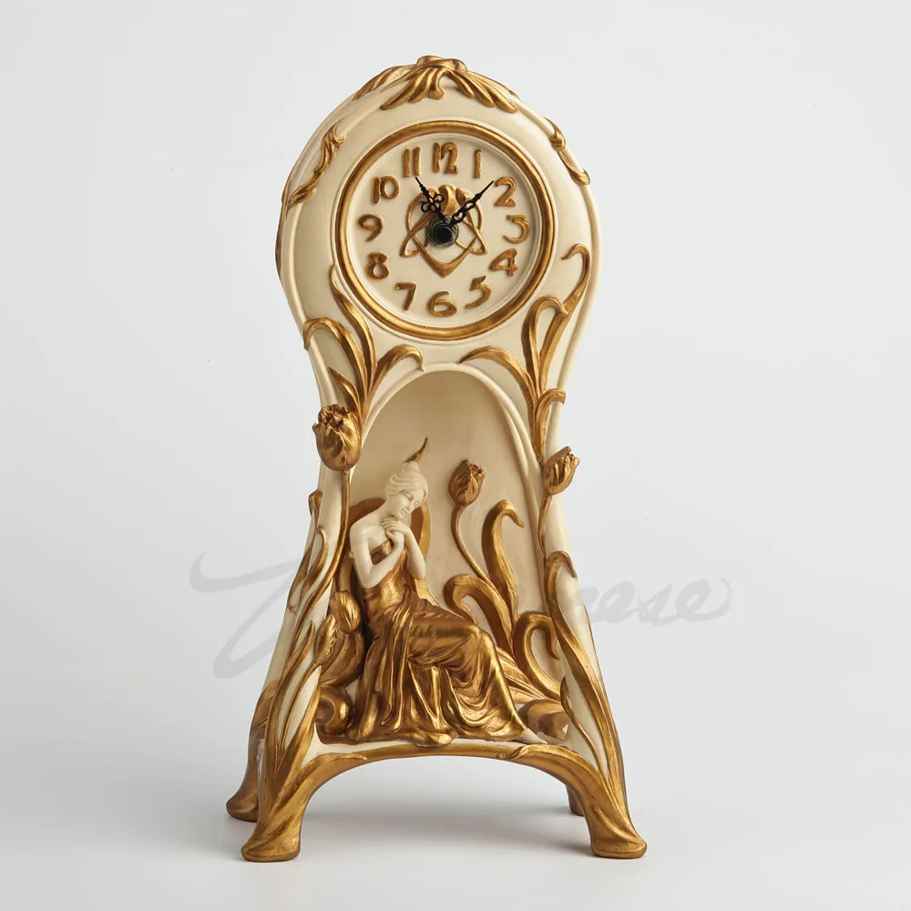 Resin Antique Desk Clock Gilded Tulip Relief Sitting Lady Figurine Vintage Ivory Gold Mantel Clock Home Decorative Ornament Gift