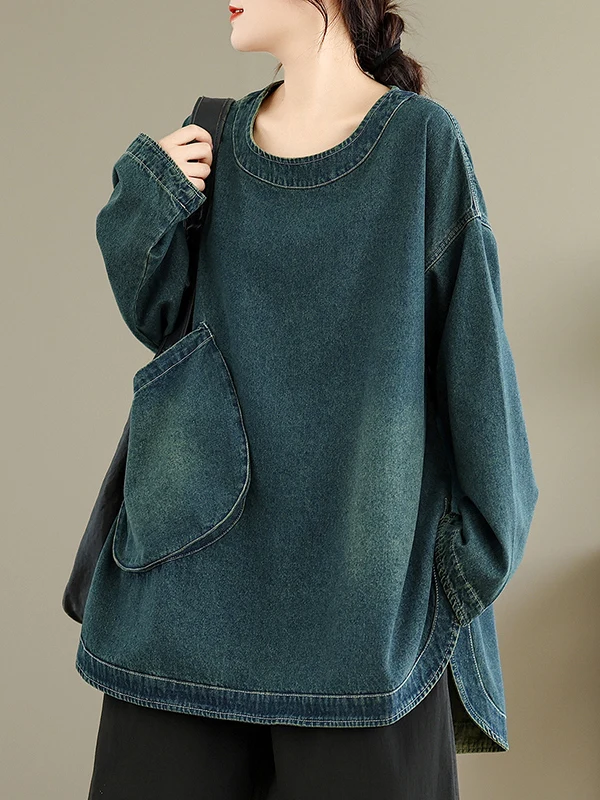 

Washed Denim T-Shirt Large Size Women's Long Sleeve round Neck Loose Casual Versatile Top Pocket Detail Artistic Style Cotton...