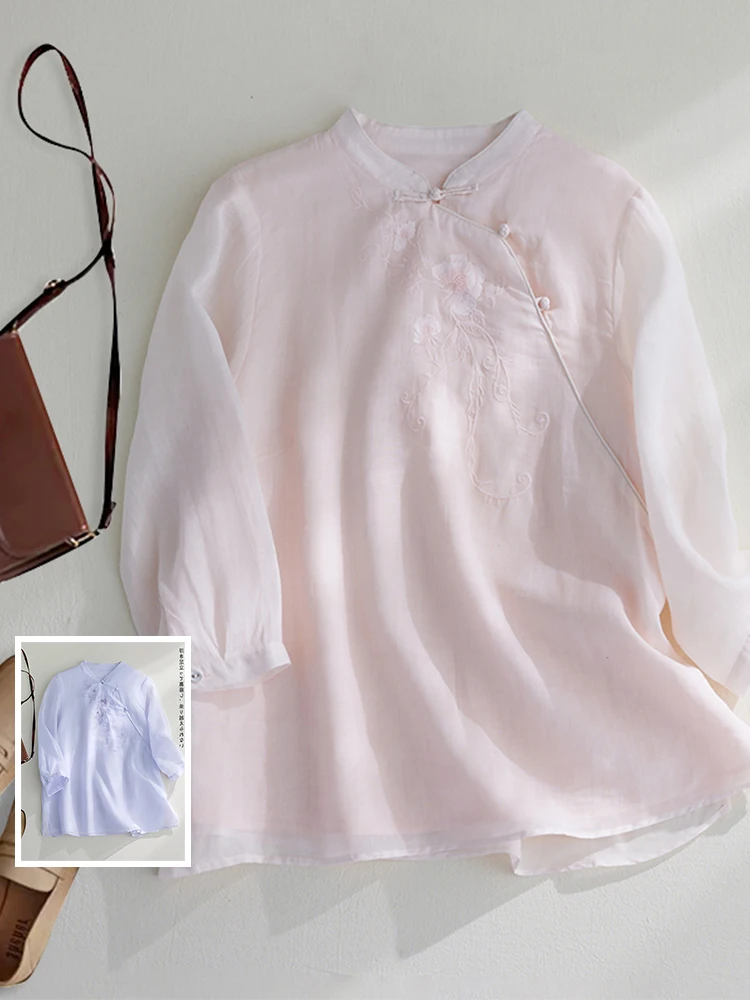 

Retro Chinese Style Cotton Linen Embroidered Half Sleeve Loose Women's Shirt Stand Collar Button up Summer Top