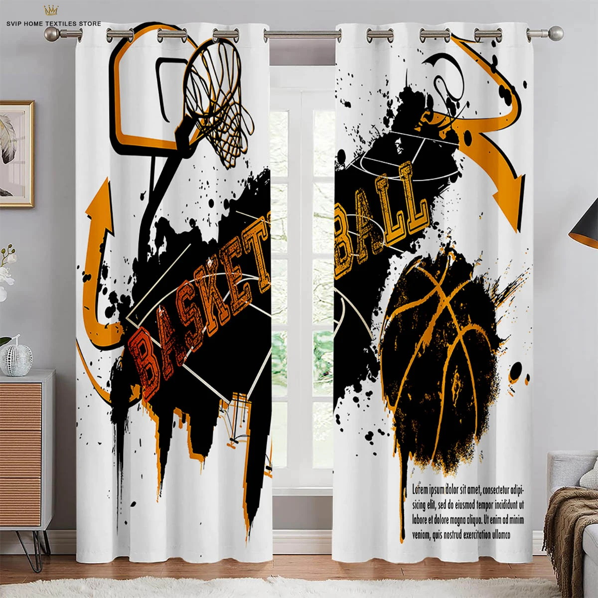 Machine Washable Basketball Print Curtains, Bedroom, Living Room, Kitchen, Club, Dormitory, Decorative, 2 Pcs