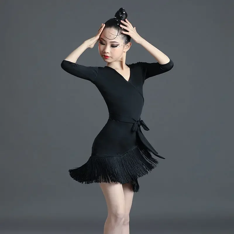 Robe de danse latine en maille de dentelle à manches courtes pour enfants, robe de Rhmoderne pour enfants, jupe de salsa et de tango sexy pour filles