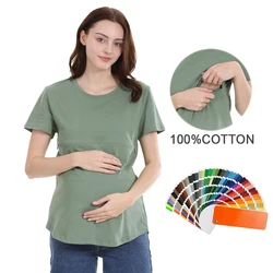 Summer Solid Zipper Nursing Tee Pregnancy Maternity Tops Short Sleeve Breastfeeding Clothes Shirt for Postpartum Women Plus Size