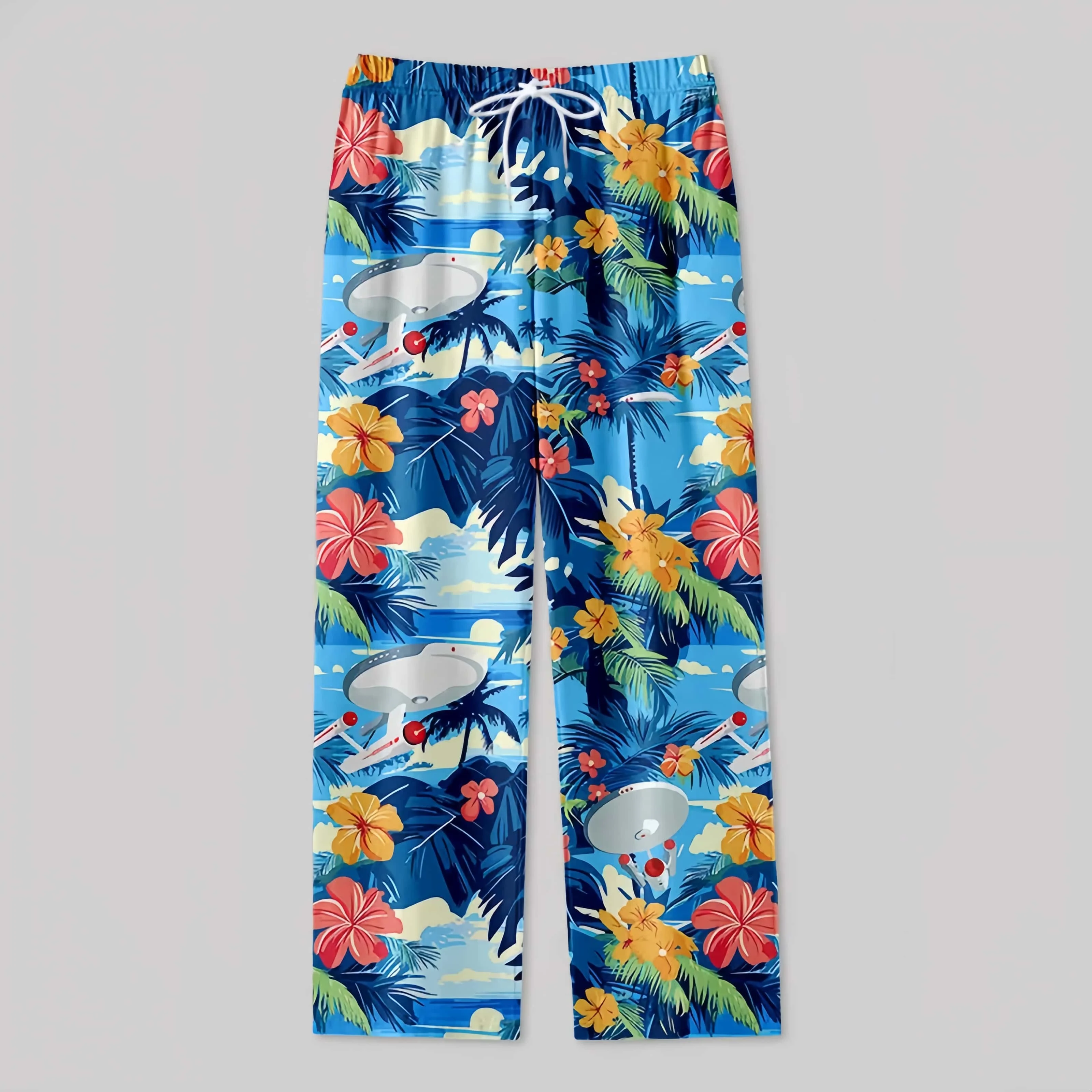Unisex Hawaiian Beach Pants with Tropical Floral Palm Tree Print, Wide Leg Drawstring Pants, Sci-fi Space Vacation Casual Pants