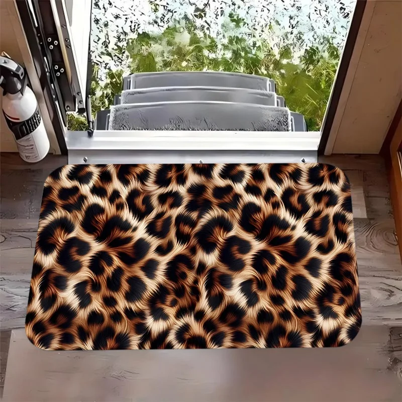 Furry Leopard Animal Skin Print Doormat Non Slip Entrance Floor Mat Trendy Retro Decor Front Door Bedroom Kitchen Floor Rug