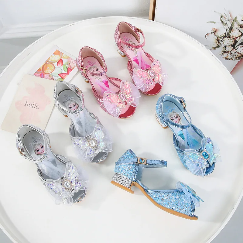 Disney Princess Butterfly Leather Shoes Frozen Elsa Kids Bowknot High Heel Children Girl Glitter Shoes Fashion Girls Party Shoe