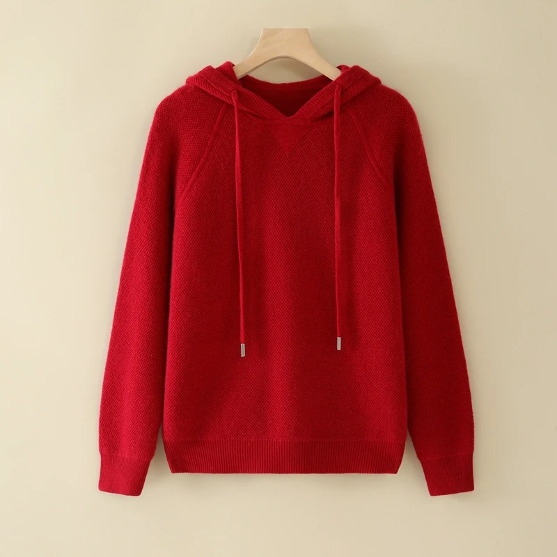 

High-end Women‘ s Hooded Pullover 100% Goat Cashmere Sweater Autumn Winter Casual Fashion Cashmere Knitwear Thickened Hoodie