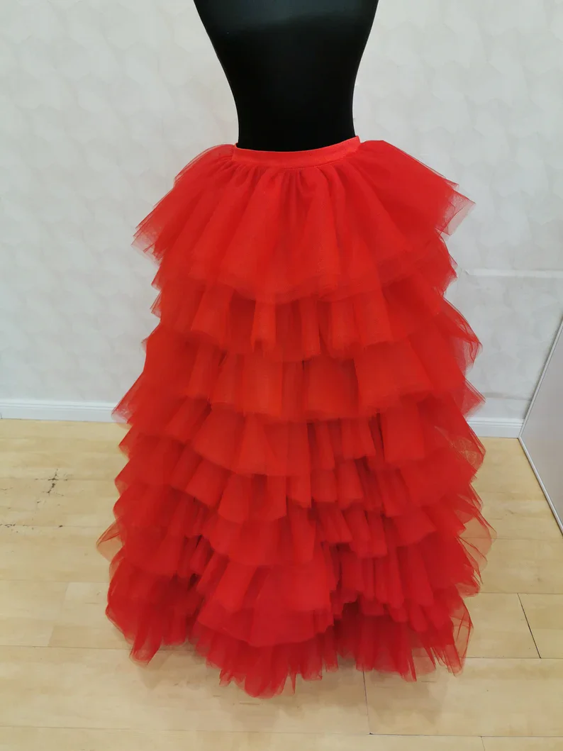 Italian Tulle Skirt Long Ruffles Tulle Tutu Women Party Skirts Gathered Red Layered Mesh Bridal Royal Skirt Elastic Waist Custom