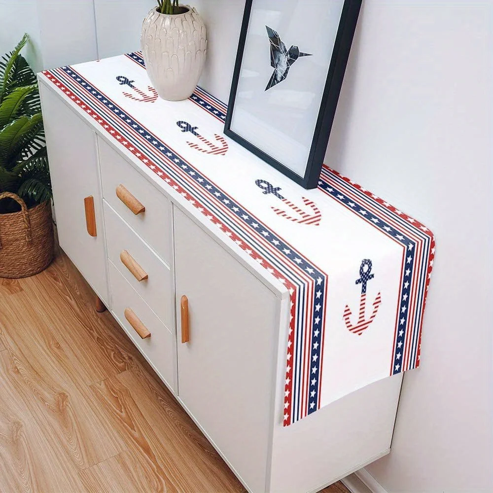 1Pc Multi-Size Linen Independence Day Table Flag, Star Anchor Decor, Red Blue Farmhouse Style for Kitchen Dining Party