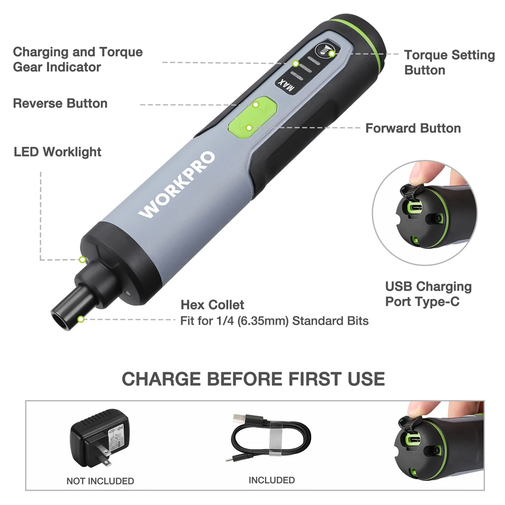 WORKPRO 3.6V Cordless Screwdriver Electric Screwdriver Set Type-C Fast Charging Repair Power Tools with LED Light