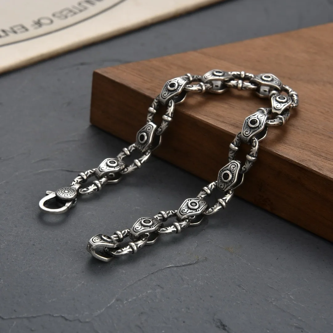 Pulsera Vintage de plata S925 para hombre y mujer, cadena con hebilla de ojos de diablo, joyería popular para fiesta, regalo de la suerte