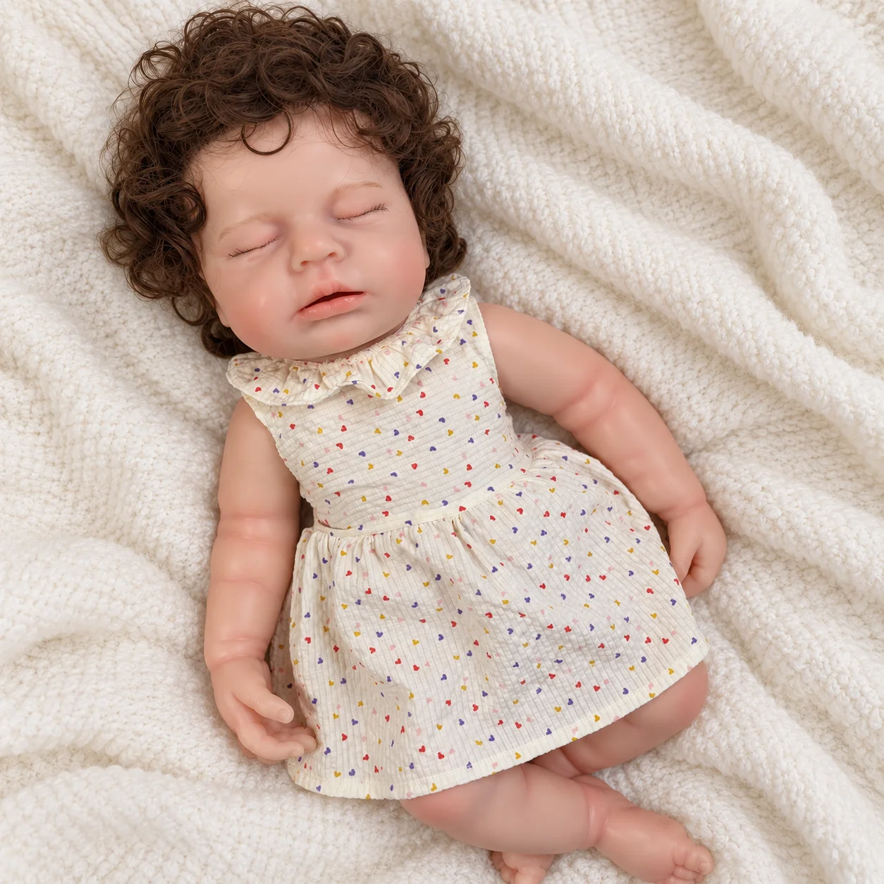 18 Inch Full Body Silicone Reborn Baby Doll Sleeping Newborn Curly Rooted Hair Open Mouth Lifelike Real Touch Collectible Gift