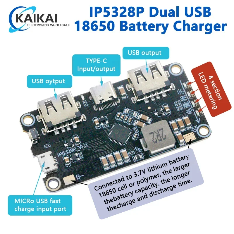 IP5328P Dual USB 18650 Battery Charger treasure Tpye-c 3.7V to 5V 9V 12V Step up Fast Quick Charger Circuit Board QC2.0 QC3.0