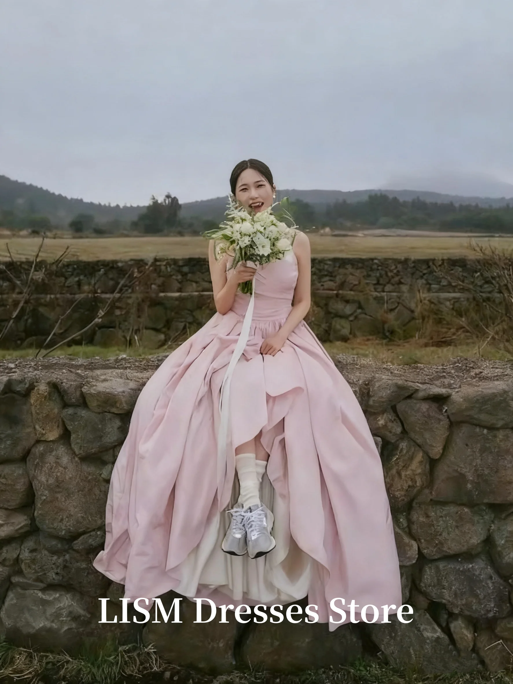 LISM Roze Koreaanse Avondjurken Spaghettibandjes Een Lijn Taft Bruids Zelf Trouwjurk Outdoor Fotoshoot Aangepaste Jurk