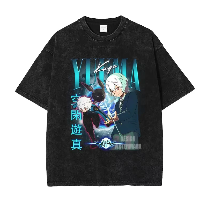 

2026 new Bandai Anime W-World T-Trigger T Shirt Vintage Washed Kuga Yuuma T-shirts Retro Streetwear Tops Tees Man