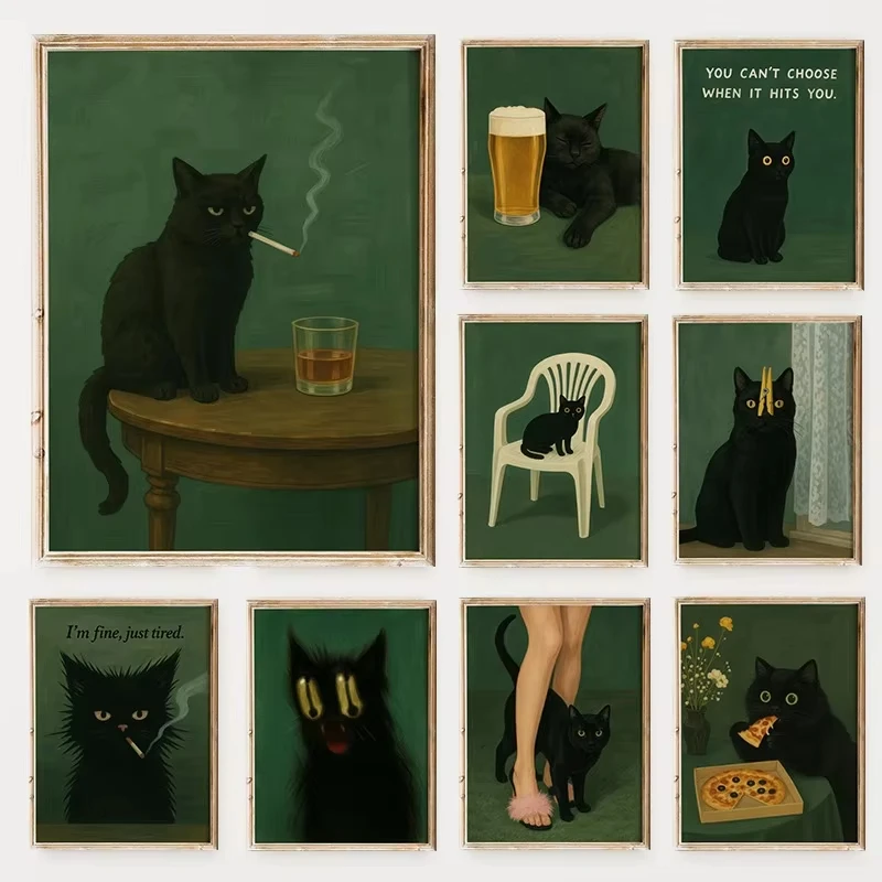 Stimmungsvolles Schwarzes Katzen-Poster mit Grünem Hintergrund, Rauchende Katzen mit Whiskey, Leinwanddruck, Dunkler Humor Wandkunst für Wohnzimmer und Heimdekoration