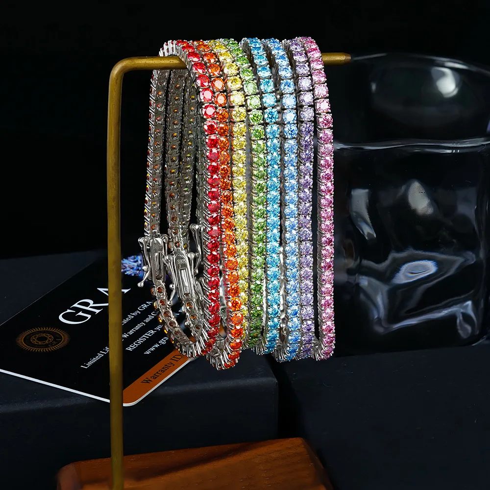 HipHop 3/4/5/6.5MM Colored Rainbow Tennis Moissanite Bracelets Plated Gold 925 Sterling Silver Fine Jewelry Gift Certified