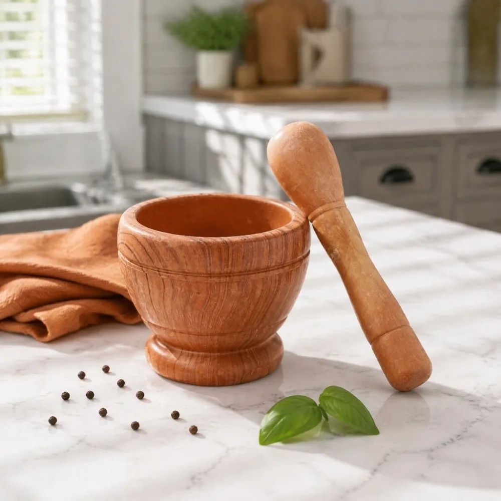 PP Mortar and Pestle Set Wood Grain White Manual Operation Spice Grinder Bowl Lightweight Design Easy to Clean Manual Pestle Set