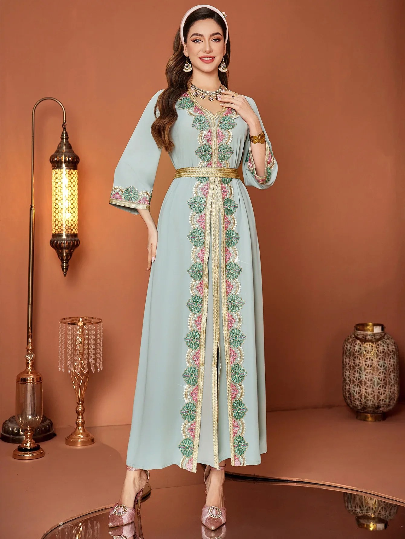 Eid มุสลิมชุดสตรี Abaya ลูกไม้ปลอม 2 ชิ้น V คอชุดยาว Vestidos Largos Party Caftan Jalabiya Ramadan ยาว Robe 2025