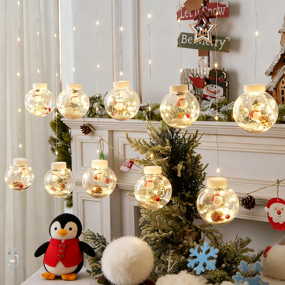 1pc Christmas Snowman Style Light String Color/Warm White Color US/European Standard Plug in Wishing Ball Curtain Light